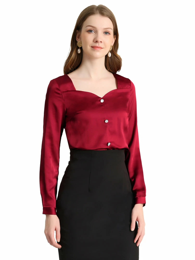 Allegra K Women's Sweetheart Neck Satin Long Sleeve To Work Elegant Blouse 3 Allegra K Women's Sweetheart Neck Satin Long Sleeve To Work Elegant Blouse