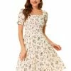 Allegra K Women's Floral Square Neck Midi Smocked A-line Dress
