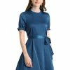 Allegra K Women's Ruffle Neck Stand Collar Tie Waist Satin Puff Short Sleeve Dress