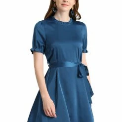 Allegra K Women's Ruffle Neck Stand Collar Tie Waist Satin Puff Short Sleeve Dress