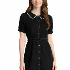 Allegra K Women's Peter Pan Collar Tie Belt Button Front Chiffon A-Line Mini Shirt Dress