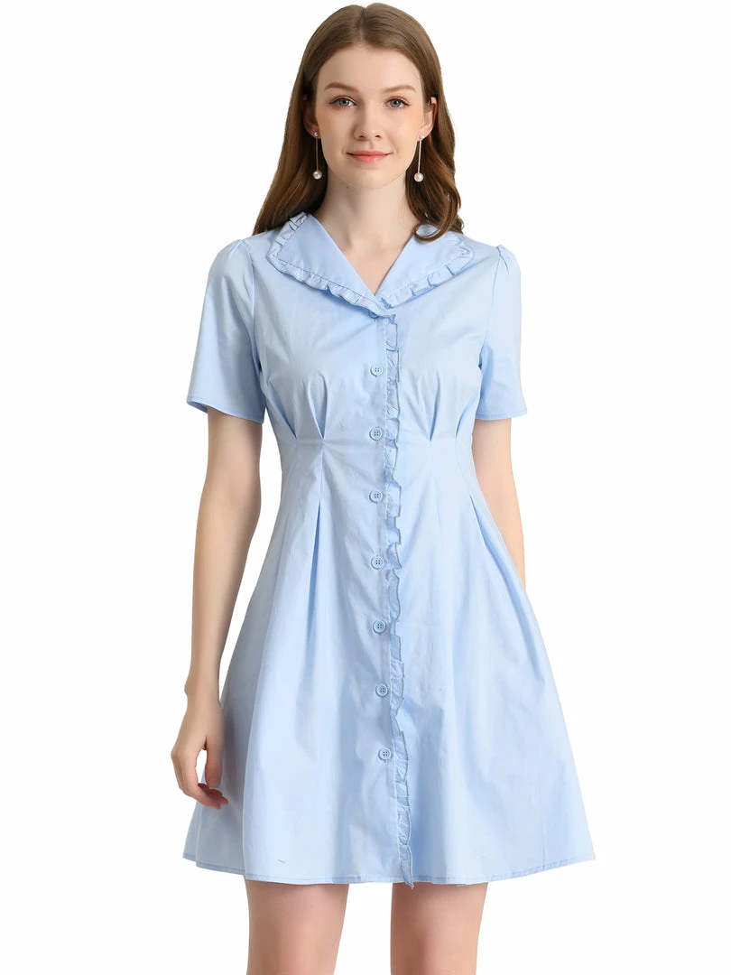 Allegra K Women's Button Up Ruffle Front Ruched Waist A-Line Dress 3 Allegra K Women's Button Up Ruffle Front Ruched Waist A-Line Dress