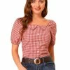 Allegra K Women's Plaid Grid Smocked Back Square Neck Blouse Top 2 Allegra K Women's Plaid Grid Smocked Back Square Neck Blouse Top