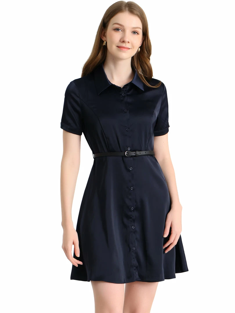 Allegra K Women's Elegant Satin Dresses Short Sleeve Button Down Belted Shirt Dress 3 Allegra K Women's Elegant Satin Dresses Short Sleeve Button Down Belted Shirt Dress