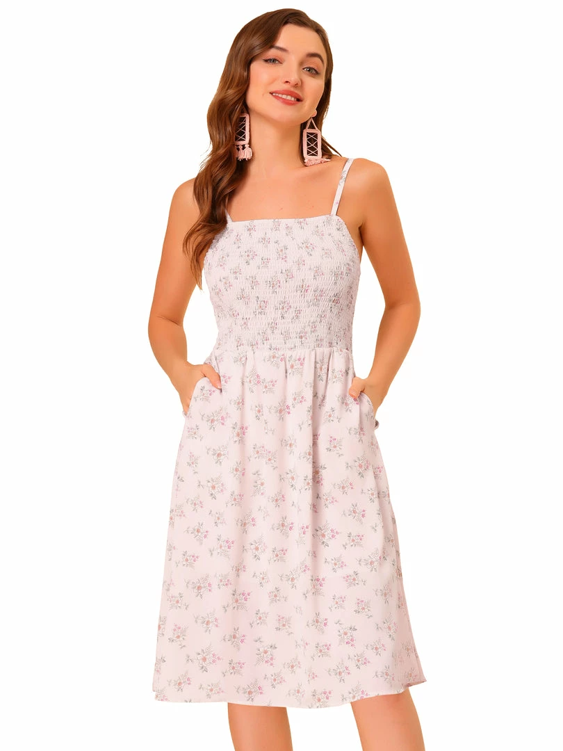 Allegra K Women's Spaghetti Strap Smocked Pockets Floral Dress 3 Allegra K Women's Spaghetti Strap Smocked Pockets Floral Dress