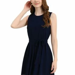 Allegra K Women's Sleeveless Dress Crewneck Pleated Front Belted Chiffon Dress