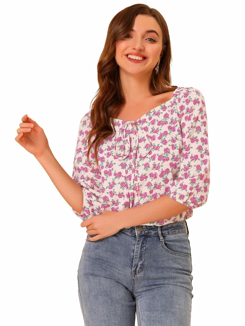 Allegra K Women's Floral Square Neck Half Sleeve Print Work Shirt Blouse 3 Allegra K Women's Floral Square Neck Half Sleeve Print Work Shirt Blouse