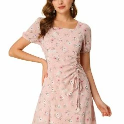 Allegra K Women's Floral Square Neck Short Sleeve Drawstring Ruched Dress