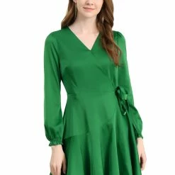 Allegra K Women's Puff Sleeve Tie Waist Ruffle Hem Satin Wrap Mini Dress
