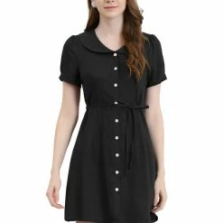 Allegra K Women's Casual Solid Tie Waist Ruffle Doll Collar Button Front Dress