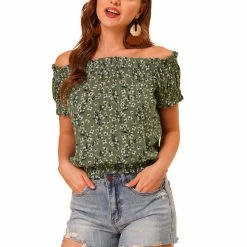 Allegra K Women's Off Shoulder Cotton Puff Sleeve Elastic Waist Floral Cami Blouse Top