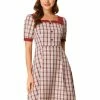 Allegra K Women's Plaid Dress Square Neck Tie Back Contrast Short Sleeve A-line Dress 1 Allegra K Women's Plaid Dress Square Neck Tie Back Contrast Short Sleeve A-line Dress