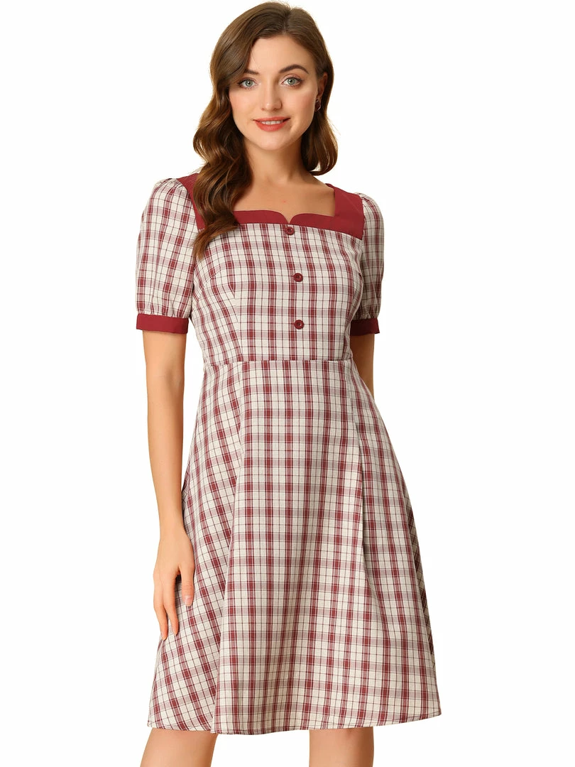 Allegra K Women's Plaid Dress Square Neck Tie Back Contrast Short Sleeve A-line Dress 3 Allegra K Women's Plaid Dress Square Neck Tie Back Contrast Short Sleeve A-line Dress
