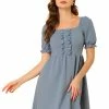 Allegra K Women's Elegant Square Neck Lace Insert Puff Short Sleeve Dress