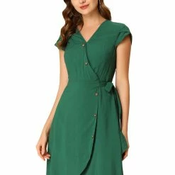 Allegra K Women's V Neck Ruffle Hem Short Sleeve Faux Wrap Dress