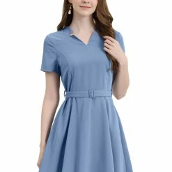 Allegra K Women's Split V Neck Belted Flare Bell Sleeve Solid Midi Dress