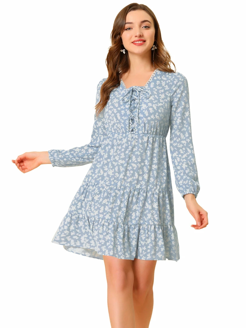 Allegra K Women's Ditsy Floral Lace Up Elegant Chiffon Tie Front A-Line Mini Dress 3 Allegra K Women's Ditsy Floral Lace Up Elegant Chiffon Tie Front A-Line Mini Dress