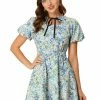 Allegra K Women's Summer Tie Neck Keyhole Puff Short Sleeve Floral Mini Dress