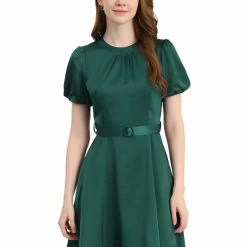 Allegra K Women's Elegant Pleated Crew Neck Puff Short Sleeve Belted Satin Dress
