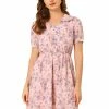 Allegra K Women's Floral Peter Pan Collar Ruffle Puff Sleeve Sheer Chiffon Short Sleeve Dress