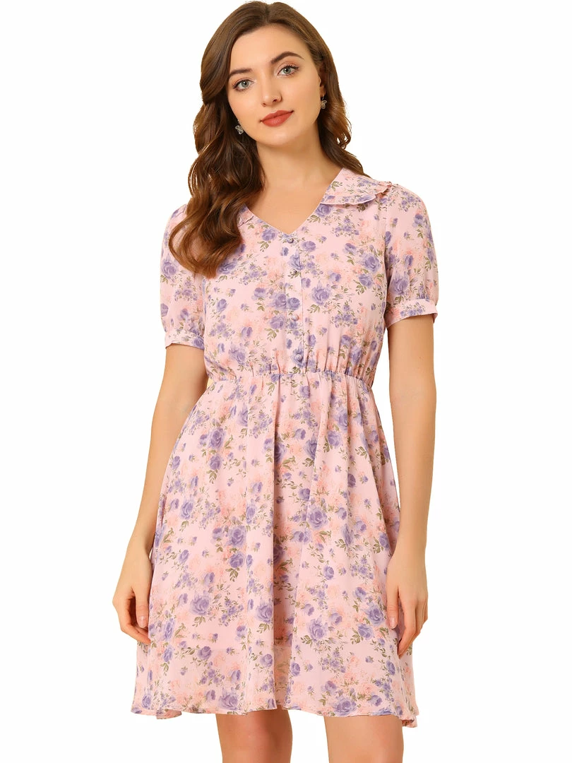 Allegra K Women's Floral Peter Pan Collar Ruffle Puff Sleeve Sheer Chiffon Short Sleeve Dress 3 Allegra K Women's Floral Peter Pan Collar Ruffle Puff Sleeve Sheer Chiffon Short Sleeve Dress