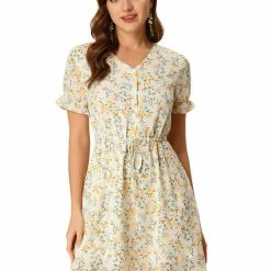 Allegra K Women's Puff Short Sleeve V Neck Floral Ruffle Chiffon Drawstring Waist Summer Dress