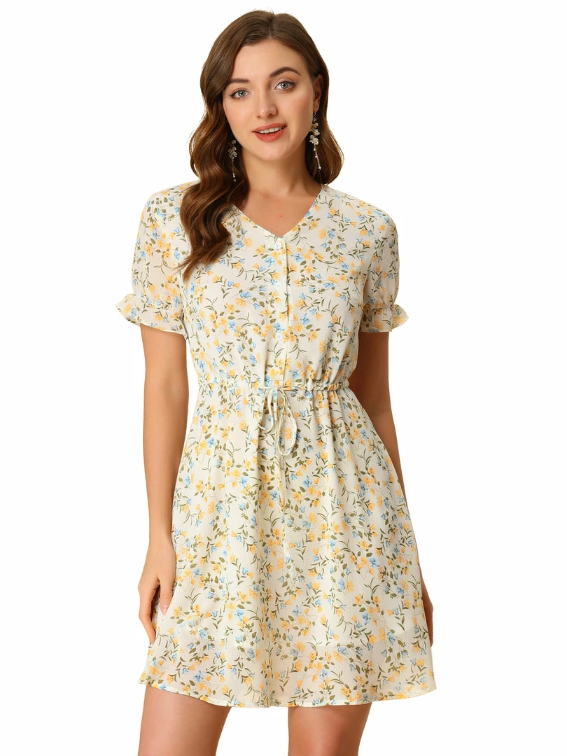 Allegra K Women's Puff Short Sleeve V Neck Floral Ruffle Chiffon Drawstring Waist Summer Dress 3 Allegra K Women's Puff Short Sleeve V Neck Floral Ruffle Chiffon Drawstring Waist Summer Dress