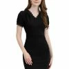 Allegra K Women's Elegant V Neck Scalloped Lace Trim Knit Short Sleeve Dress