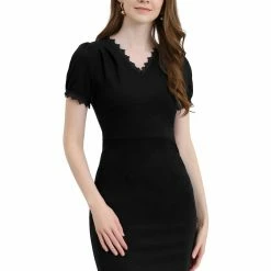 Allegra K Women's Elegant V Neck Scalloped Lace Trim Knit Short Sleeve Dress