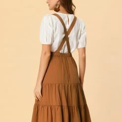 Allegra K Women's Suspender Pleated Skirt Ruffle Hem Below The Knee Overall Dress