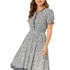 Allegra K Women's Floral Sundress Ruffle Neck Smocked Waist Short Sleeve Dress