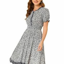 Allegra K Women's Floral Sundress Ruffle Neck Smocked Waist Short Sleeve Dress