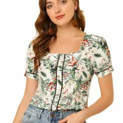Allegra K Women's Floral Blouses Puff Short Sleeve Square Neck Piping Button Decor Tops