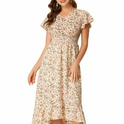 Allegra K Women's Smocked Floral High Low Summer Maxi Dress