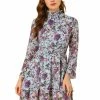 Allegra K Women's Floral Dress Chiffon Mock Neck Layered Sheer Smock Waist Mini Dresses