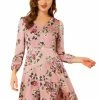 Allegra K Women's Irregular V Neck Puff Sleeve Floral Satin Dress