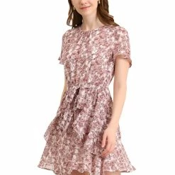 Allegra K Women's Floral Asymmetrical Layered Pleated Neck Short Flare Sleeve Dress