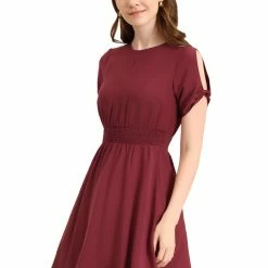 Allegra K Women's Smocked Waist Round Neck Keyhole Front Short Sleeve Mini Dress