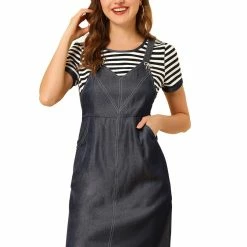 Allegra K Women's Round Neck Stripe Tops Short Sleeve Suspender Stitching Dresses