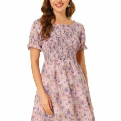 Allegra K Women's Floral Print Off Shoulder Short Sleeve Smocked Dress