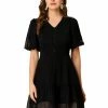 Allegra K Women's Balloon Sleeve Button Up V Neck A-Line Swiss Dots Ruffle Dress