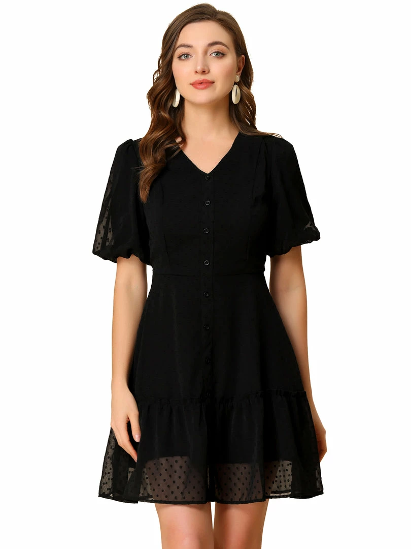 Allegra K Women's Balloon Sleeve Button Up V Neck A-Line Swiss Dots Ruffle Dress 3 Allegra K Women's Balloon Sleeve Button Up V Neck A-Line Swiss Dots Ruffle Dress