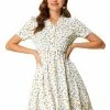 Allegra K Women's Floral Print Ruffle V Neck Button Up Dress