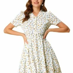 Allegra K Women's Floral Print Ruffle V Neck Button Up Dress