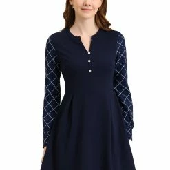 Allegra K Women's Elegant V Neck Long Sleeve Plaid Panel Fit And Flare Dress