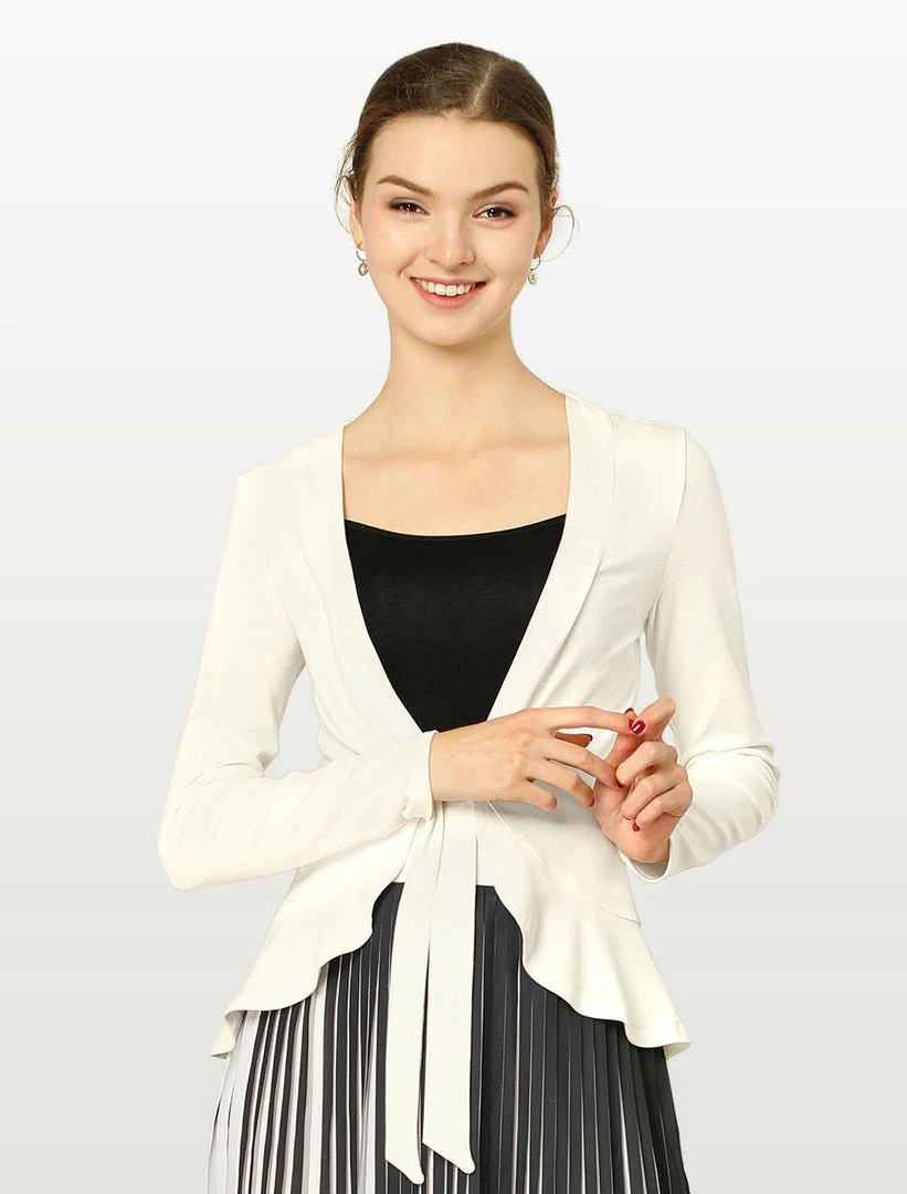 Allegra K Women's Tie Front Ruffled Hem Crop Knit Cardigan 18 Allegra K Women's Tie Front Ruffled Hem Crop Knit Cardigan