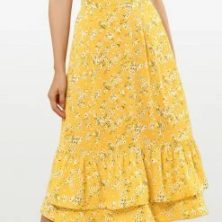 Allegra K Women's Printed Elastic Waist Tiered Ruffle Hem Flowy Midi Skirt